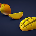 Fresh Mango Fruits Whole And Sliced With Pit Arranged On Dark Surface