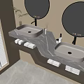 Sleek Modern Bathroom Vanity Rack With Double Gray Basins Round Mirror And Folded Towels