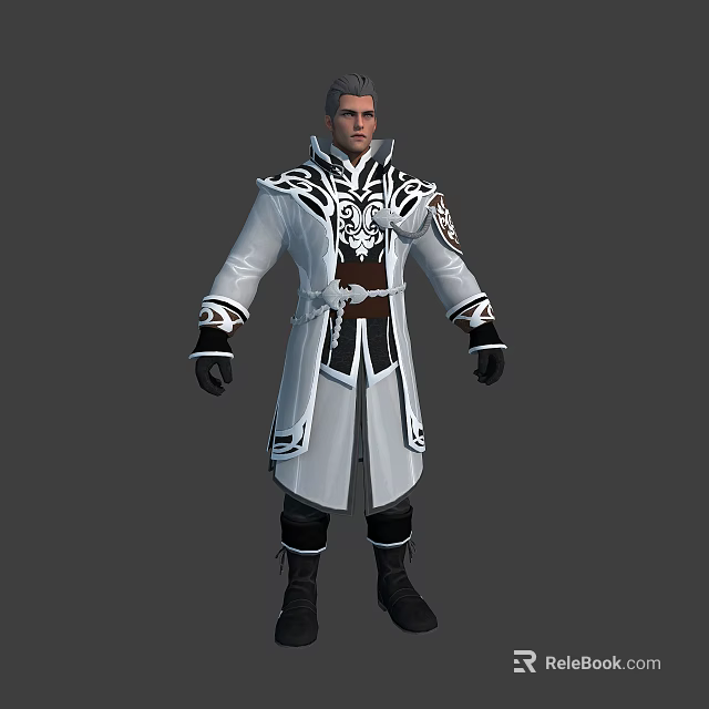 Male Fantasy Character Wearing White Robe With Black Patterns Brown Belt Black Boots And Gloves 3d model 