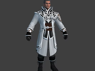 Male Fantasy Character Wearing White Robe With Black Patterns Brown Belt Black Boots And Gloves 3d model