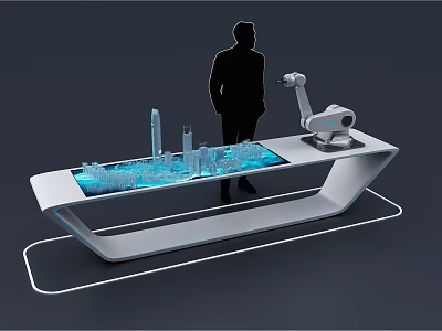 Futuristic Table Displaying Digital City Model with Robot and Human Silhouette 3d model