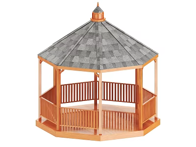 Outdoor Wooden Gazebo with Octagonal Gray Shingle Roof and Railing 3d model