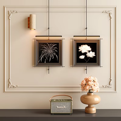 Abstract Paintings In Black Frames Hanging On Ornate Wall With Floral Firework Designs 3d model