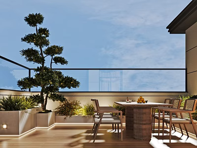 Luxury Villa Balcony With Outdoor Dining Table Chairs Potted Plants And Scenic Sky View 3d model