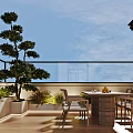 Luxury Villa Balcony With Outdoor Dining Table Chairs Potted Plants And Scenic Sky View