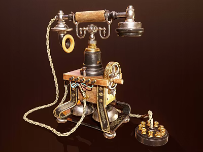 Vintage Telephone With Classic Design Wooden Handle Rotary Dial And Mechanical Components 3d model