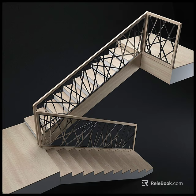 Modern Staircase Design With Wooden Steps And Geometric Metal Railings 3d model 