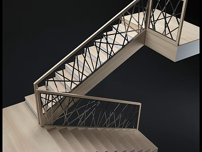 Modern Staircase Design With Wooden Steps And Geometric Metal Railings 3d model