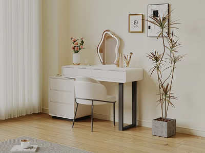 Modern Dressing Table Setup With Shaped Mirror Drawer Cabinet White Chair Vase And Potted Plant 3d model