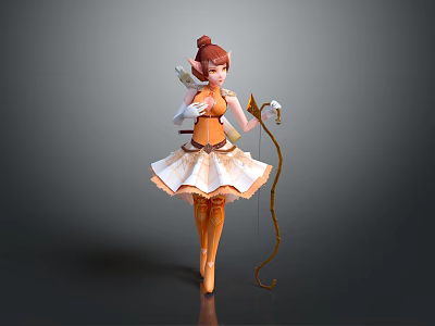Elven Fairy Character With Brown Hair Wings Orange White Outfit Holding Bow 3d model