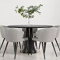 Modern Dining Table Set With Round Black Table Light Gray Chairs And Green Plant 3d model