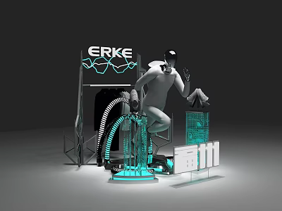 ERKE Window Display Design With White Mannequin Blue Lighting And Display Structures 3d model