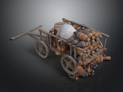 Artistic Old Style Handcart Sculpture Loaded With Clay Pots And Items 3d model