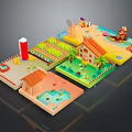 Vibrant Cartoon Scene With Farm Fields House Windmill Pond And Palm Trees