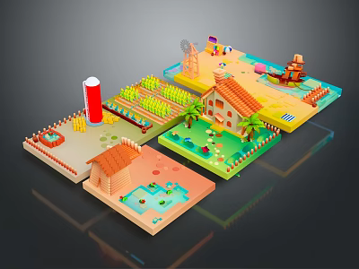 Vibrant Cartoon Scene With Farm Fields House Windmill Pond And Palm Trees 3d model