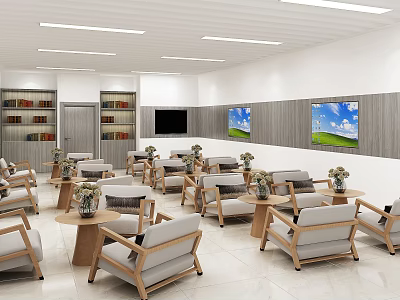 Modern Hotel Public Lounge Area With Wooden Chairs Tables Bookshelves TV And Decorative Paintings 3d model