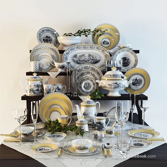 Elegant Dinnerware Set with Yellow Rim and Classic Pattern Including Plates Bowls Teapot and Glasses 3d model 