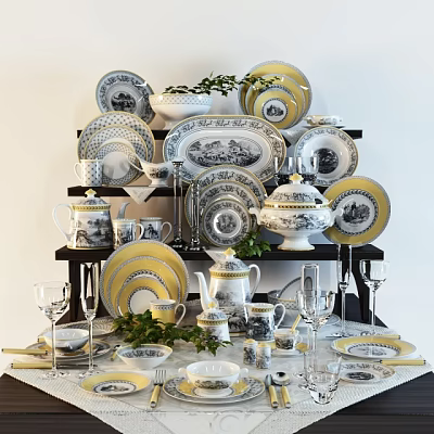 Elegant Dinnerware Set with Yellow Rim and Classic Pattern Including Plates Bowls Teapot and Glasses 3d model