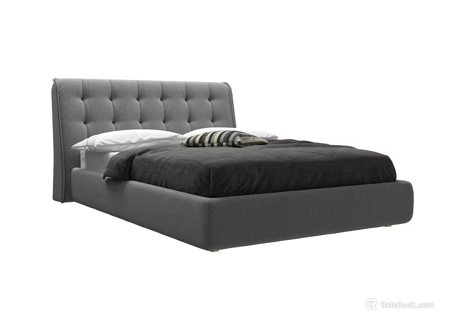 Gray Upholstered Double Bed With Tufted Headboard Black Bedspread And Pillows 3d model