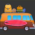 Colorful Cartoon Orange Van With Roof Rack Luggage And Red Surfboard