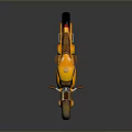 Orange and Yellow Futuristic Motorcycle Featuring Blue Headlight Red Seat and Stylish Mechanical Wheels