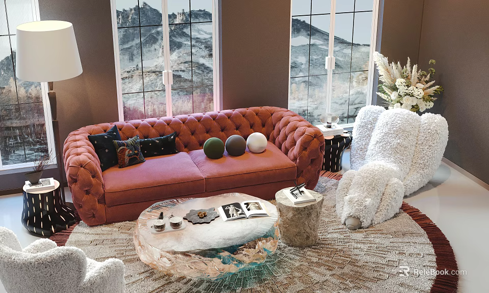 Red Tufted Sofa and Coffee Table Set With Plush Bear Round Rug and Mountain View 3d model