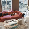Red Tufted Sofa and Coffee Table Set With Plush Bear Round Rug and Mountain View 3d model
