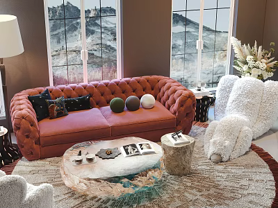 Red Tufted Sofa and Coffee Table Set With Plush Bear Round Rug and Mountain View 3d model