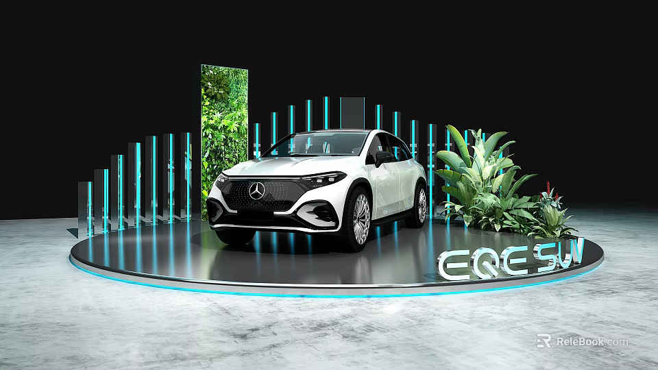 White Mercedes EQE SUV Displayed On Platform With Blue Vertical Lights And Green Plants 3d model 