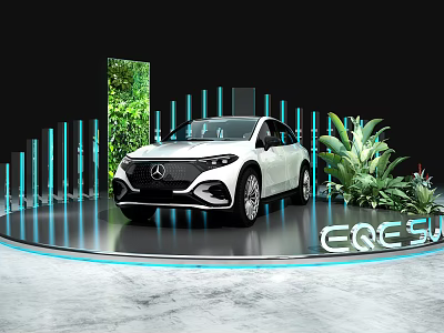 White Mercedes EQE SUV Displayed On Platform With Blue Vertical Lights And Green Plants 3d model