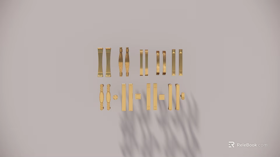 Set of Golden Handles With Different Designs Arranged On Gray Background 3d model 