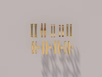 Set of Golden Handles With Different Designs Arranged On Gray Background 3d model