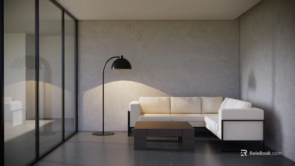 Modern Living Room Interior With Light Sofa Dark Coffee Table And Floor Lamp 3d model 