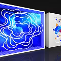 Decorative Art Installation With Blue White Curves Stars Moon Clouds Orange Stars And Red Birds