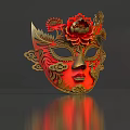 Red And Gold Traditional Mask With Floral Decorations Phoenix Pattern Intricate Carvings
