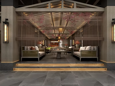 Traditional Chinese Restaurant Interior With Wooden Roof Cherry Blossom Screens And Sofa Seating 3d model