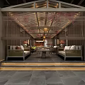Traditional Chinese Restaurant Interior With Wooden Roof Cherry Blossom Screens And Sofa Seating