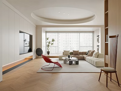 Modern Living Room Interior With Beige Sofa Red Accent Chair Round Ceiling And Large Windows 3d model