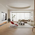 Modern Living Room Interior With Beige Sofa Red Accent Chair Round Ceiling And Large Windows