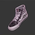 High Top Black And White Checkerboard Sneakers With White Laces And Red Logo