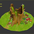 Lush Green Grassy Scene with Wooden Stumps Red and Orange Mushrooms and Small Plants