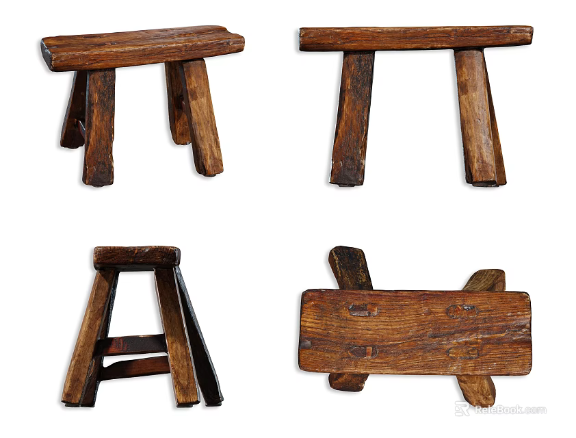 Vintage Handcrafted Wooden Stools With Various Leg Structures And Natural Wood Grain 3d model 