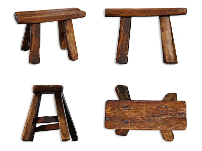 Vintage Handcrafted Wooden Stools With Various Leg Structures And Natural Wood Grain 3d model