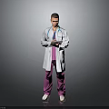 Male Doctor Wearing White Coat And Stethoscope Holding Tablet With Pink Pants And Gray Background