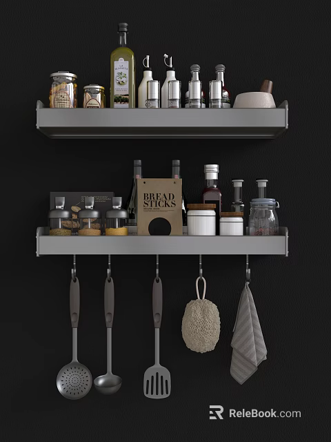 Stylish Kitchen Tableware Set On Gray Shelves With Bread Box Jars And Hanging Utensils 3d model 