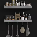 Stylish Kitchen Tableware Set On Gray Shelves With Bread Box Jars And Hanging Utensils 3d model