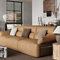 Modern Living Room Sofa Set With Beige Brown Couches Coffee Table Artwork And Natural Light