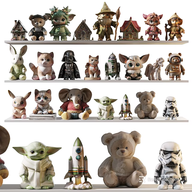 Diverse Toy Figurine Collection Featuring Animals Movie Characters Rocket Models And Teddy Bears On Shelves 3d model 