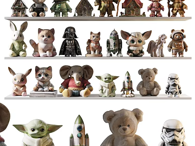 Diverse Toy Figurine Collection Featuring Animals Movie Characters Rocket Models And Teddy Bears On Shelves 3d model