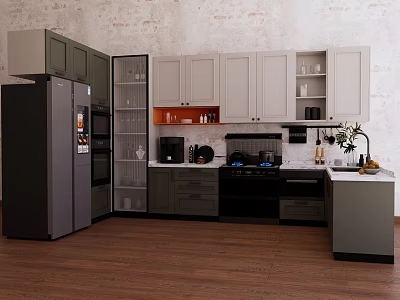 Modern Kitchen Interior Design With White Gray Cabinets Refrigerator And Appliances 3d model